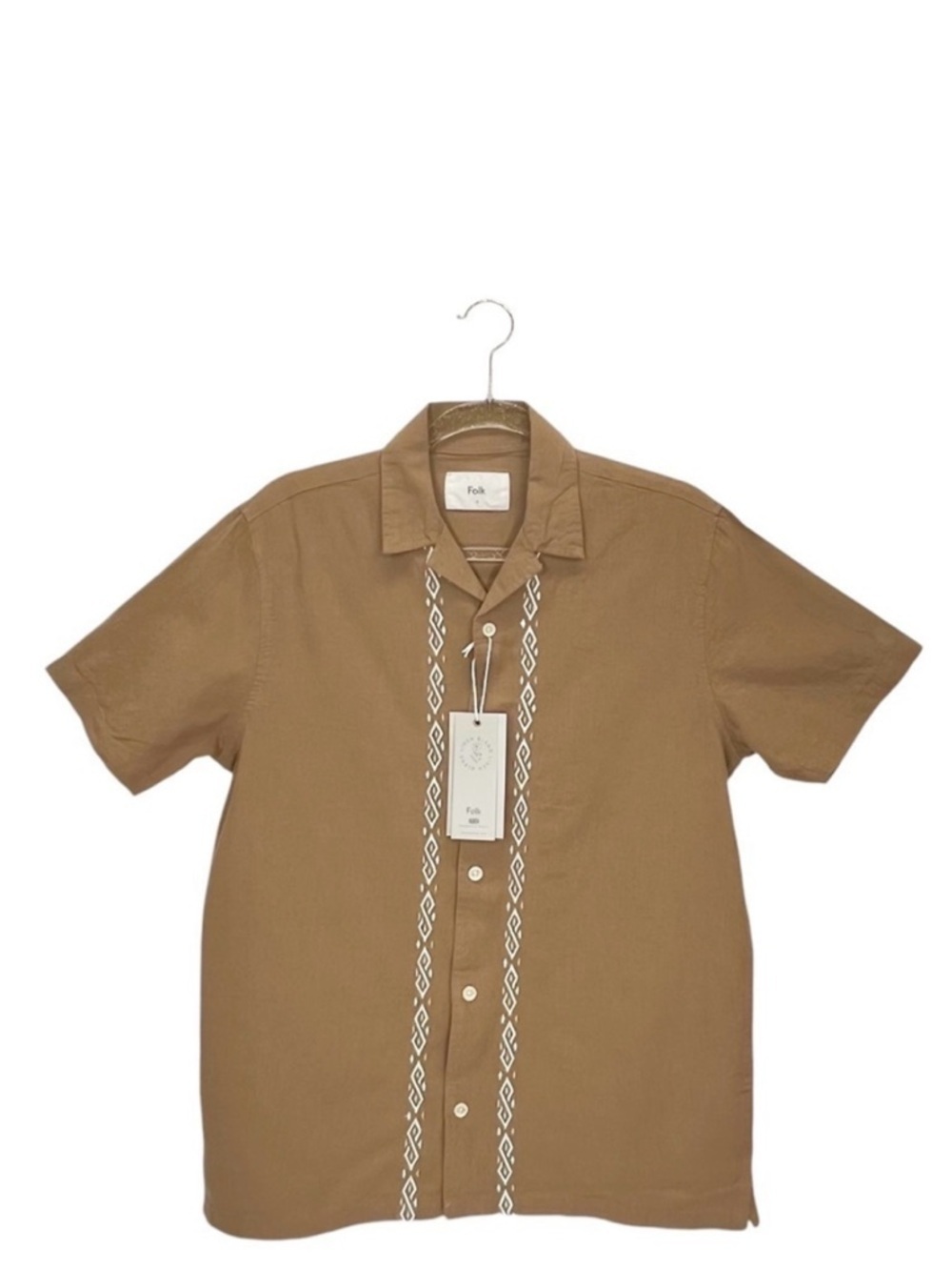 Folk Men's Size Small Maze Short Sleeve Cotton Linen Shirt Button Up Tan New NWT